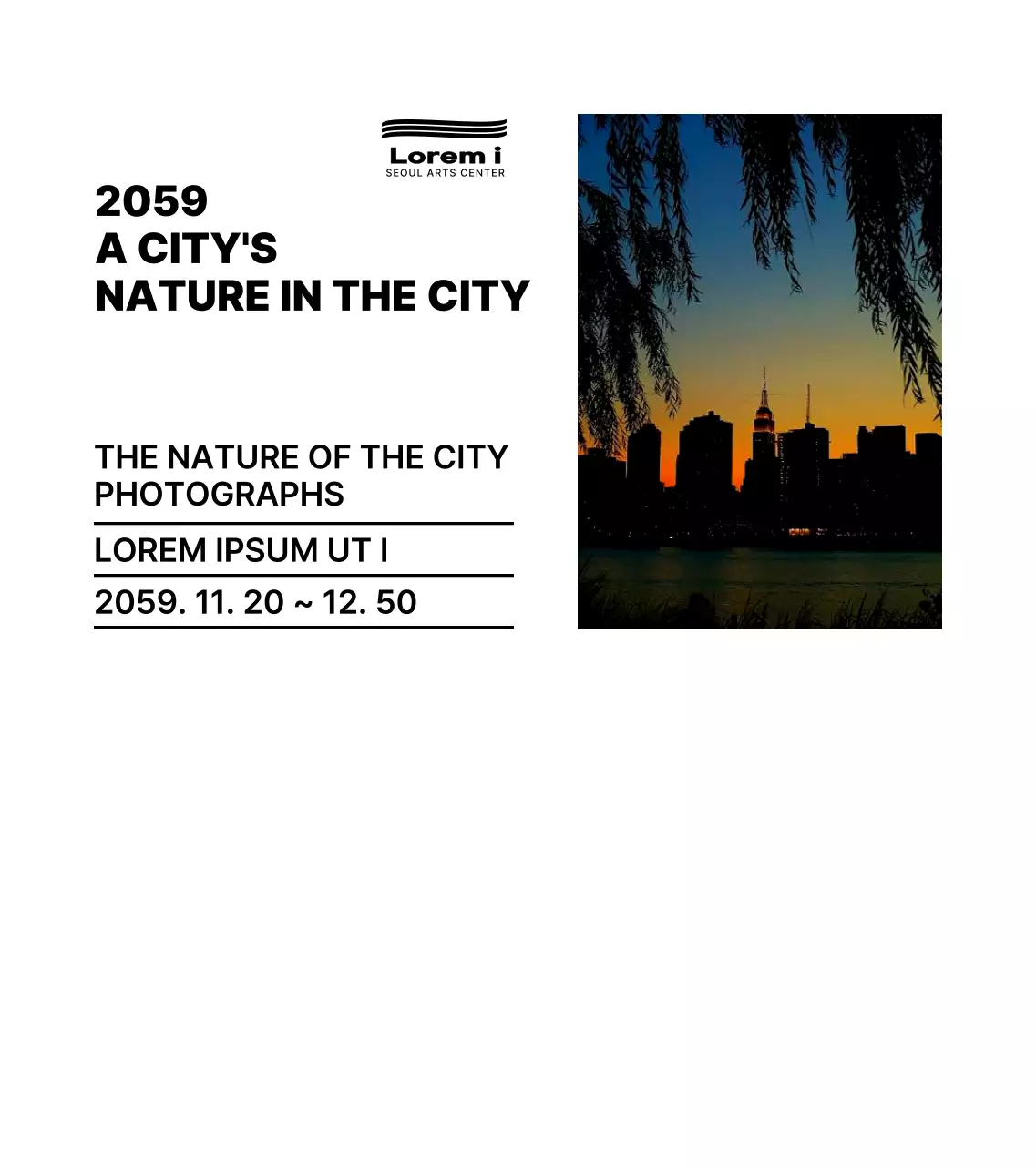 Gaya tata letak teks sederhana dalam warna hitam dengan informasi pameran foto