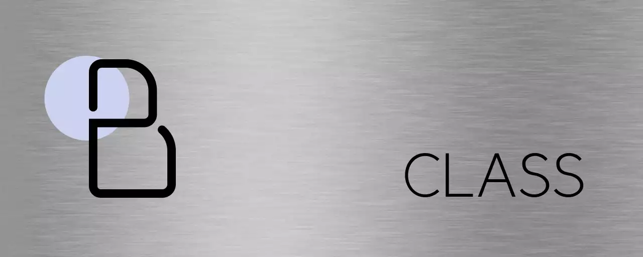 A placeholder sign with light purple-pink shapes and black school class names.