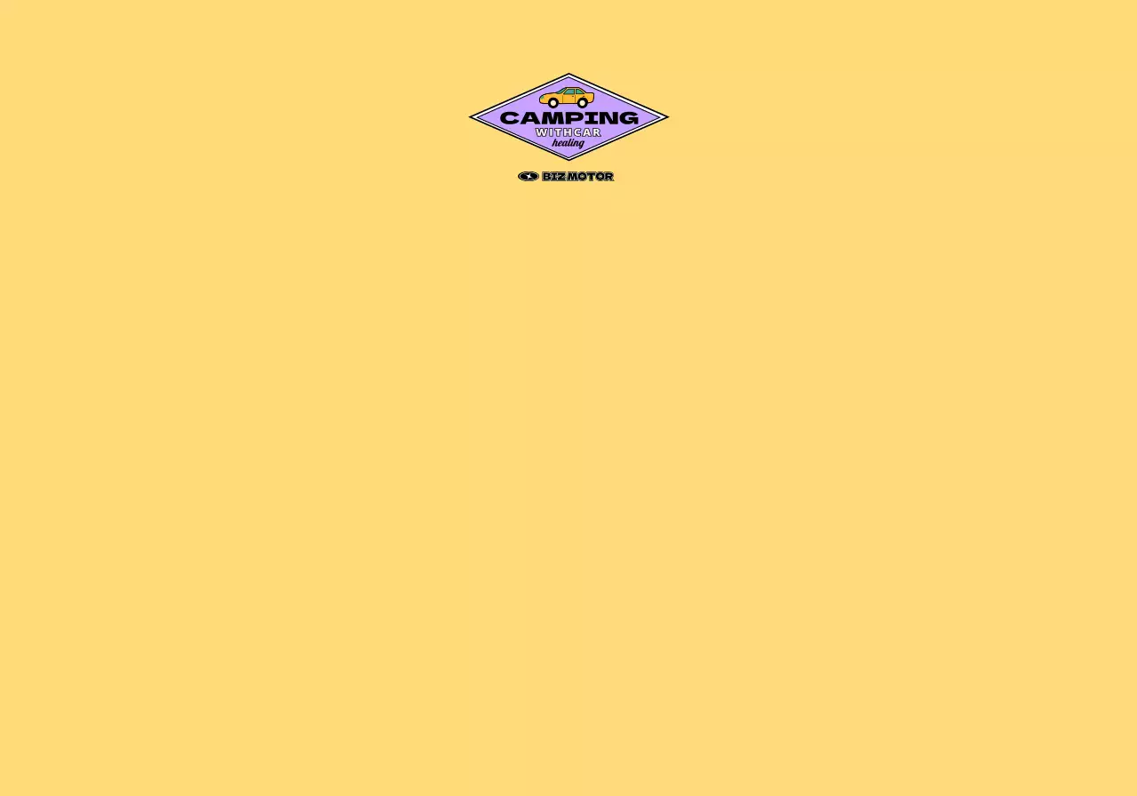 A car dealership with a car camping concept folding pockets decorated with yellow and blue teen concept stickers.