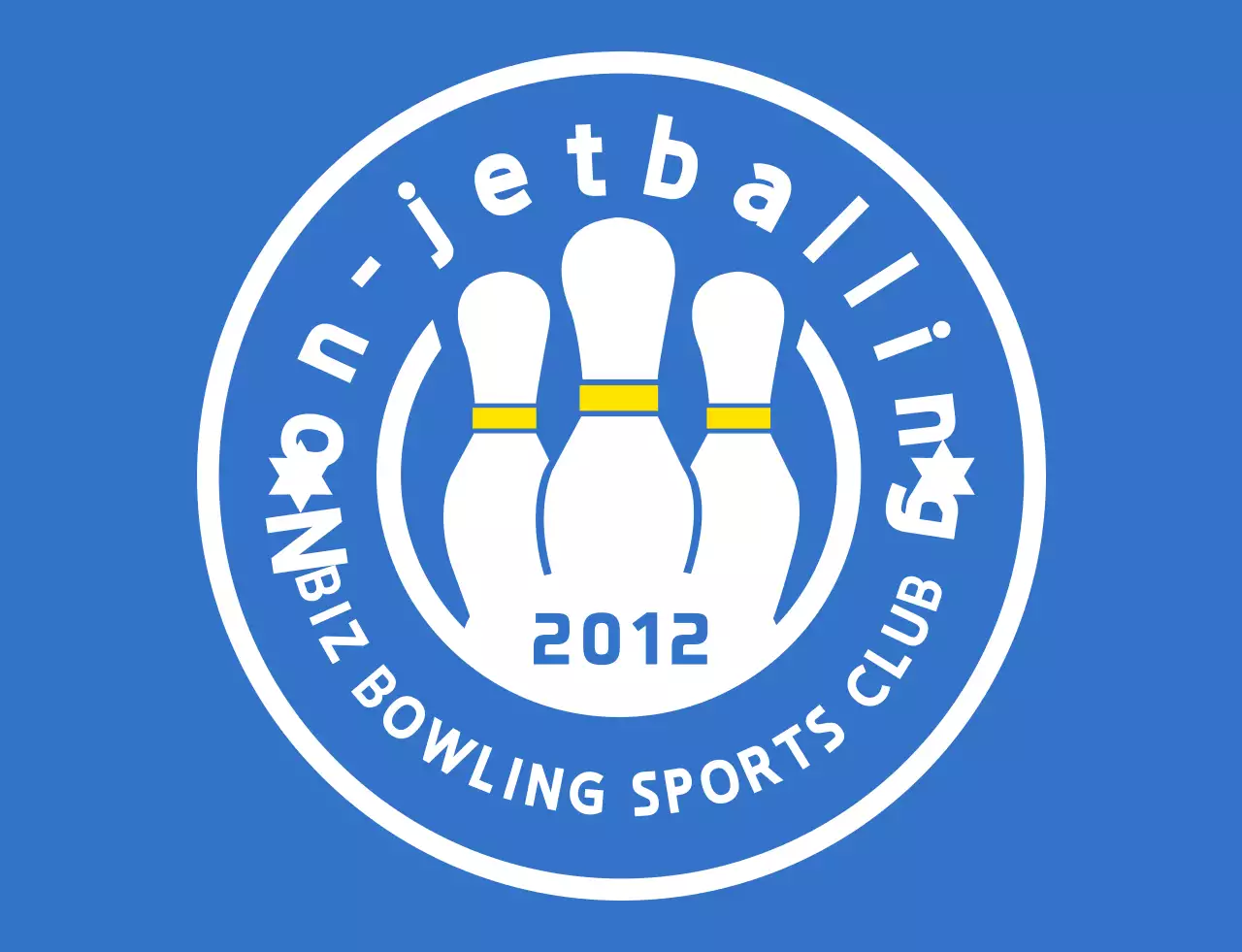 Ilustrasi bowling yang bersih dan logo lambang berwarna biru muda, putih dan kuning, ditata untuk klub olahraga bowling.