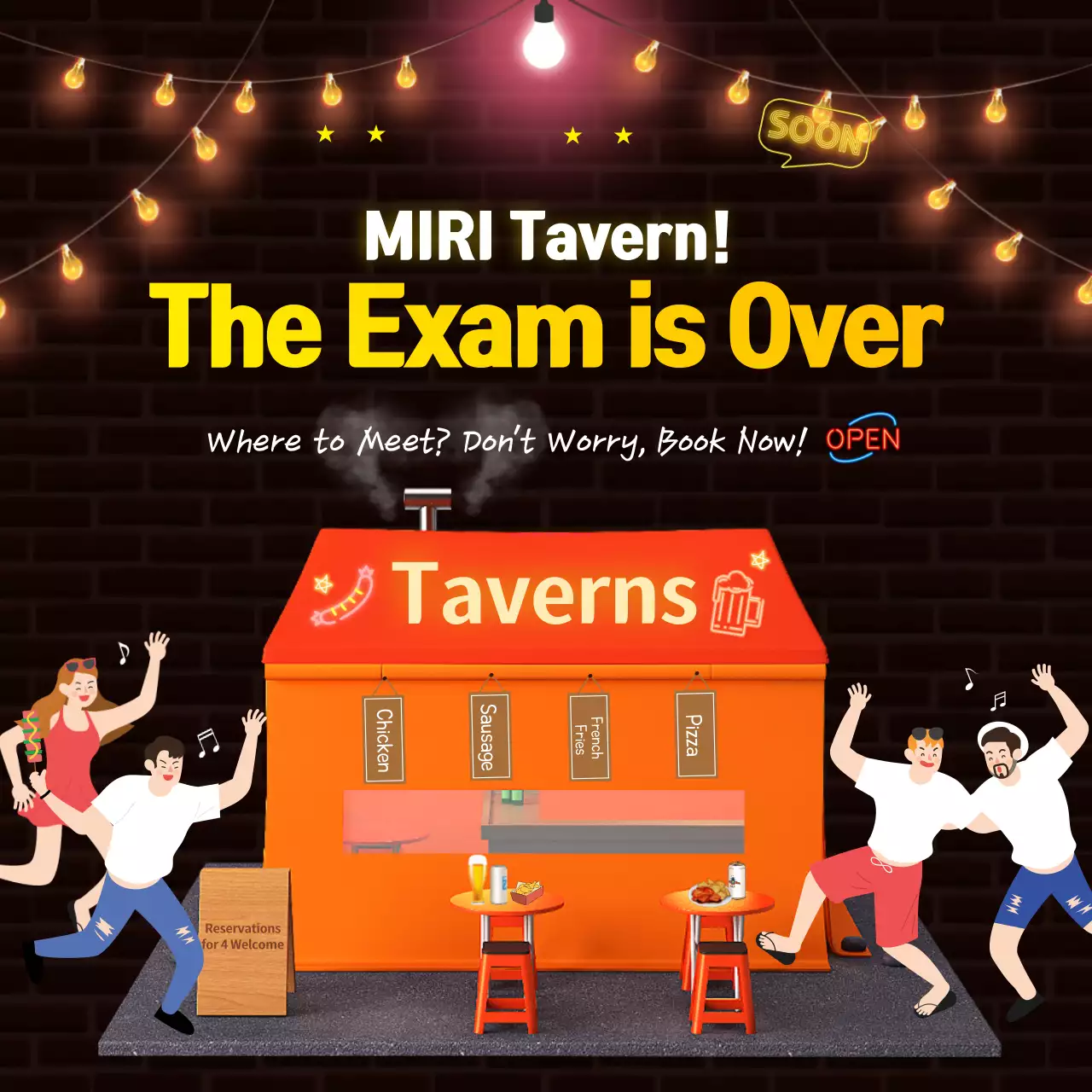 A black brick tavern with twinkling neon lights on a black brick foundation Reservations Social Media