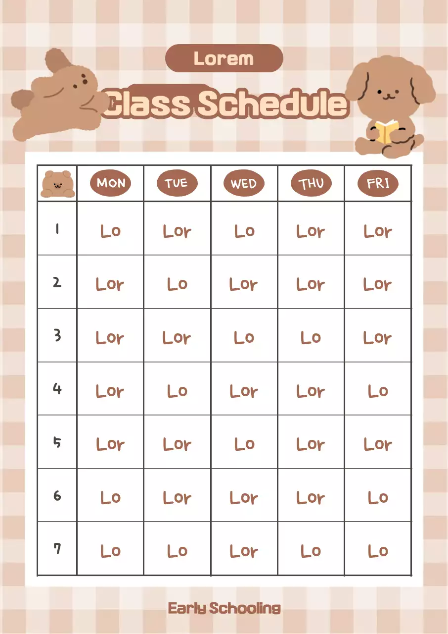 Timetable with a cute puppy character on a beige background