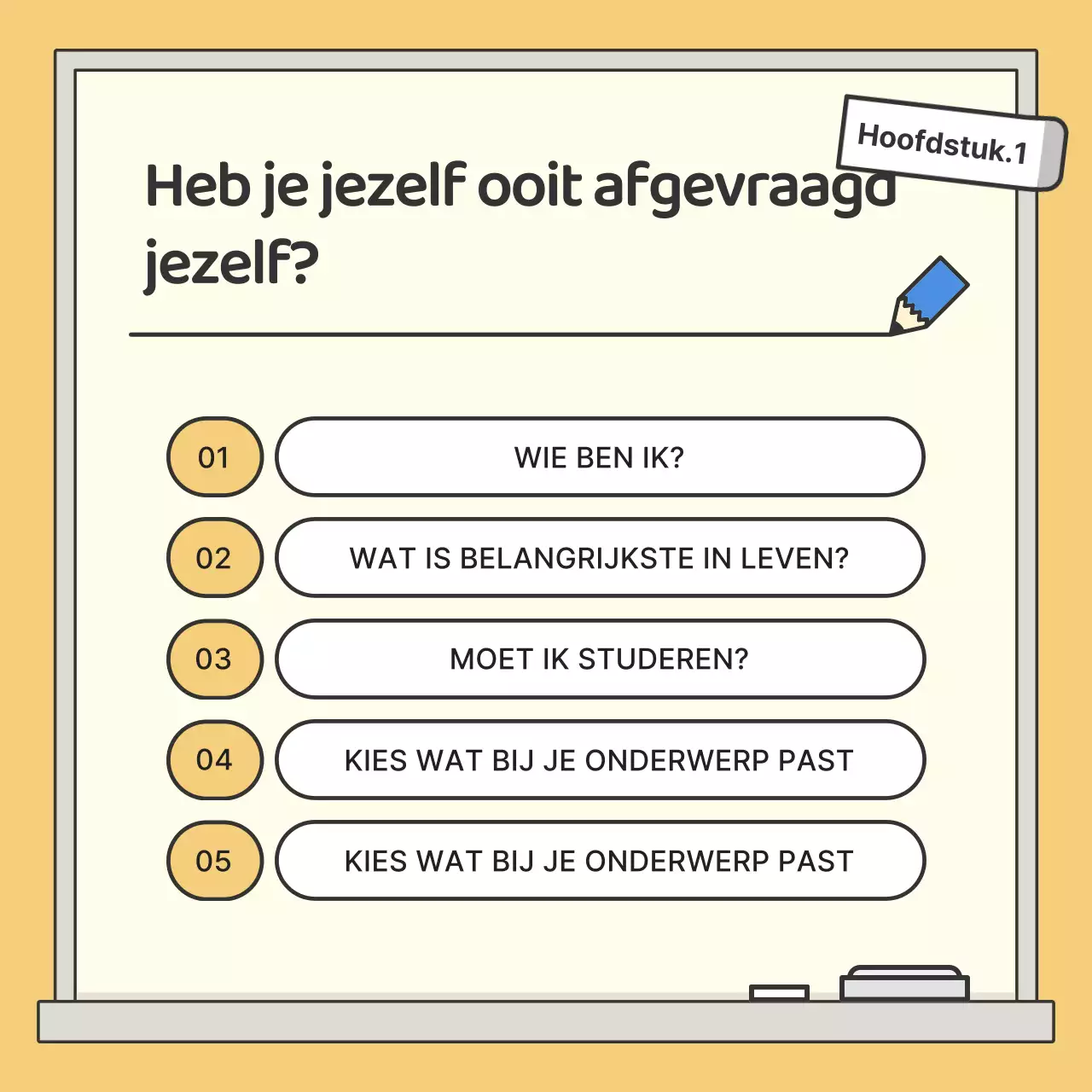College Geesteswetenschappen met geel-blauwe studentenillustratie op krijtbord