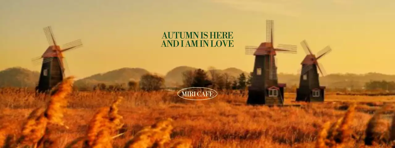 秋の雰囲気の葦原の夕日と風車を背景に、すっきりとしたフォントをポイントにした秋らしいカフェ。