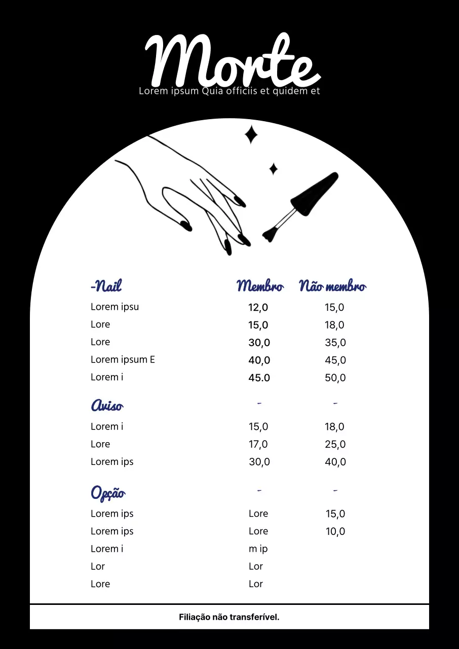 Quadro de menu de nail art moderno a preto e branco