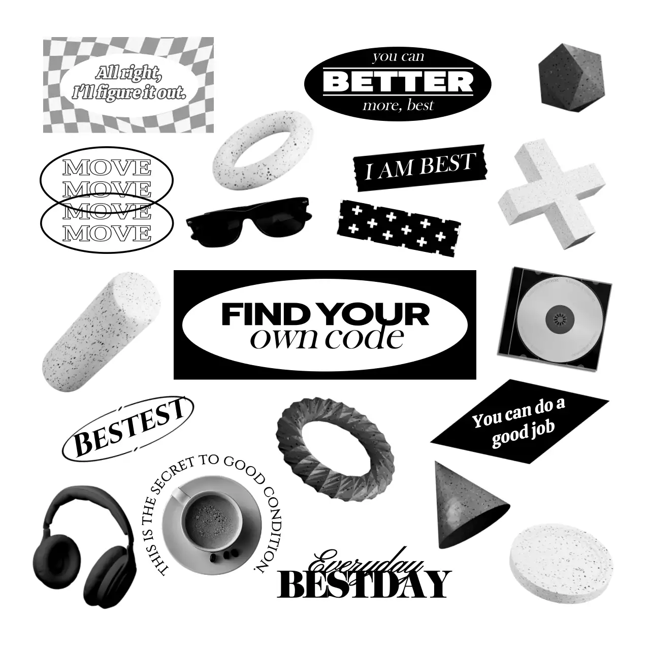 Berbagai objek dan teks dalam konsep pinggul hitam dan putih