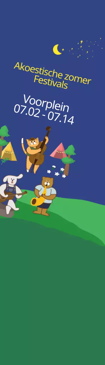 Schattige illustratiestijl in donker marineblauw en geel voor informatie en promotie van akoestische zomerfestivals