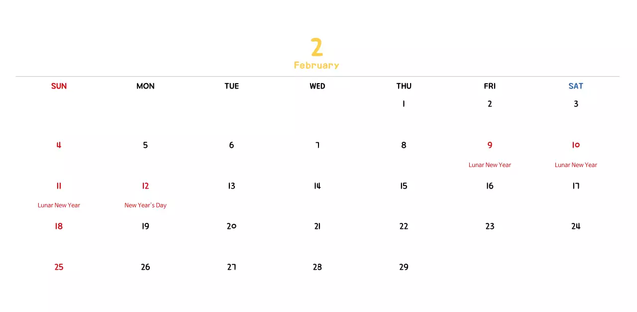 New Year's calendar with cute line illustrations