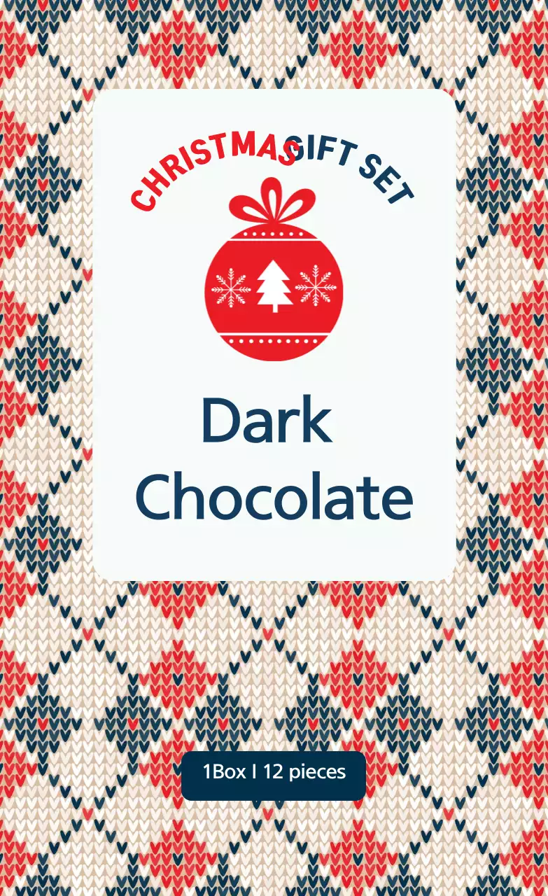 Label pembungkus Natal cokelat bermotif rajutan warna merah dan biru tua