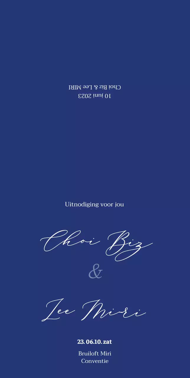 Huwelijksuitnodiging met een blauwe achtergrond en een strakke look
