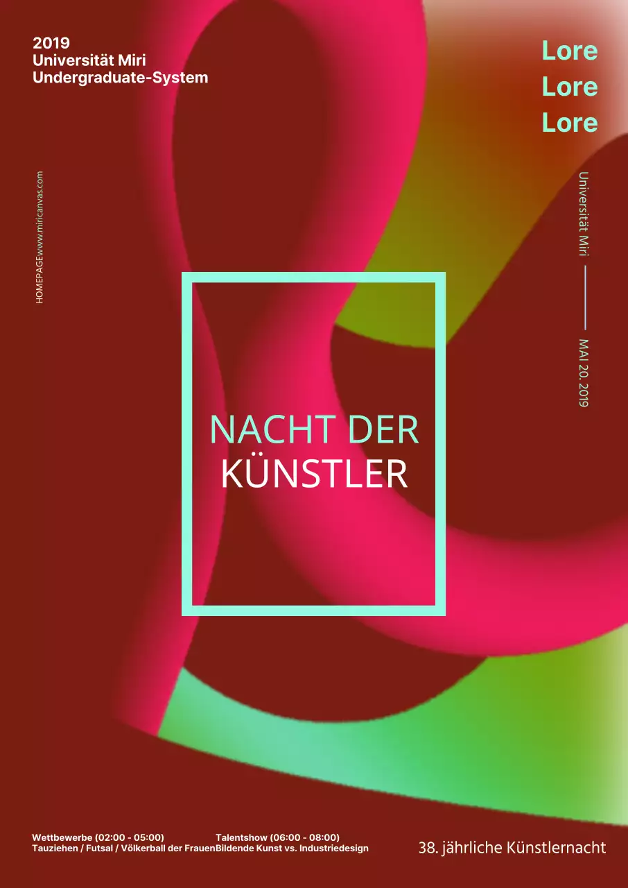 Werbung für ein Universitätsfest mit einem abstrakten Hintergrund aus roten Kurven und Farbverläufen