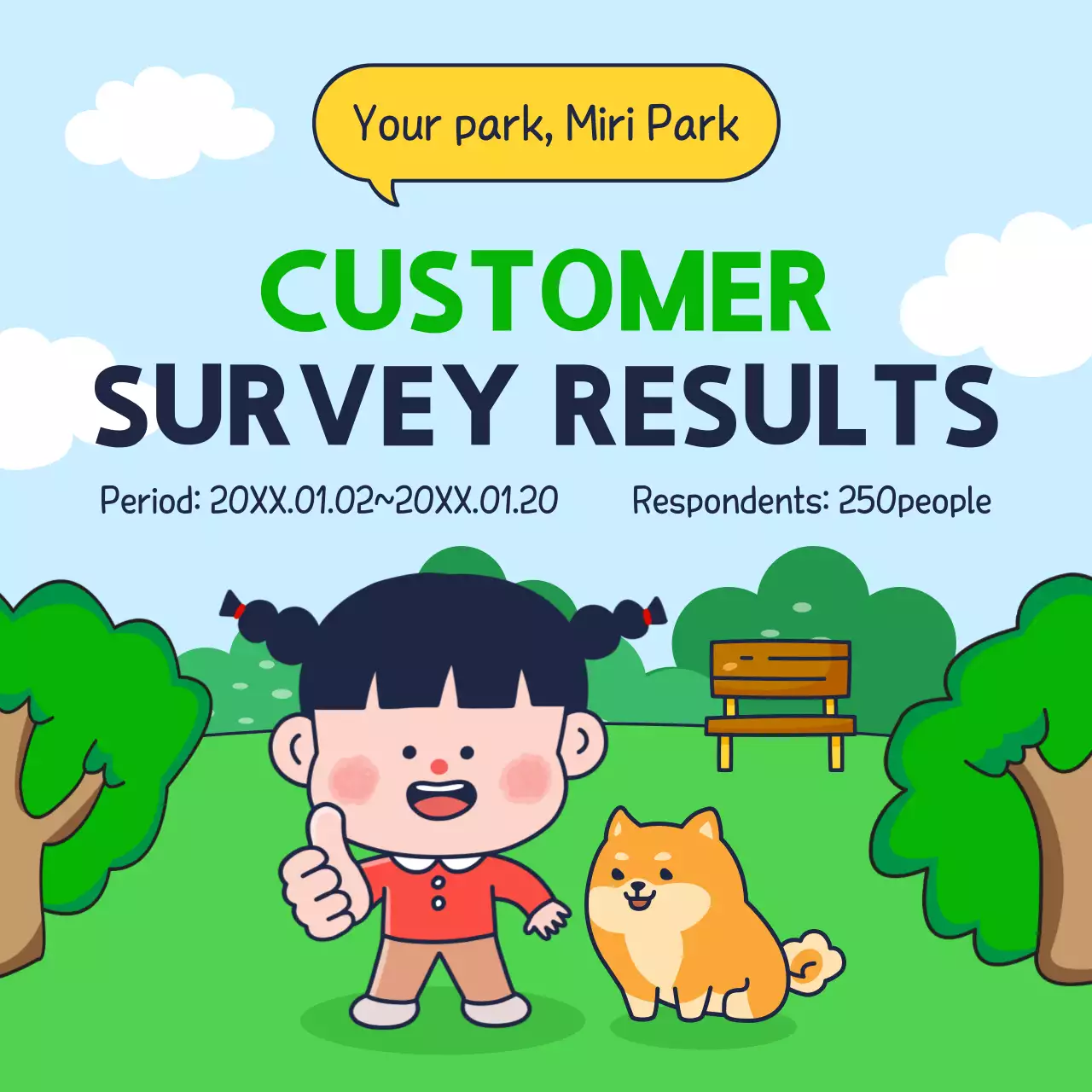 Results of a survey on satisfaction with cute park facilities in green and yellow colors