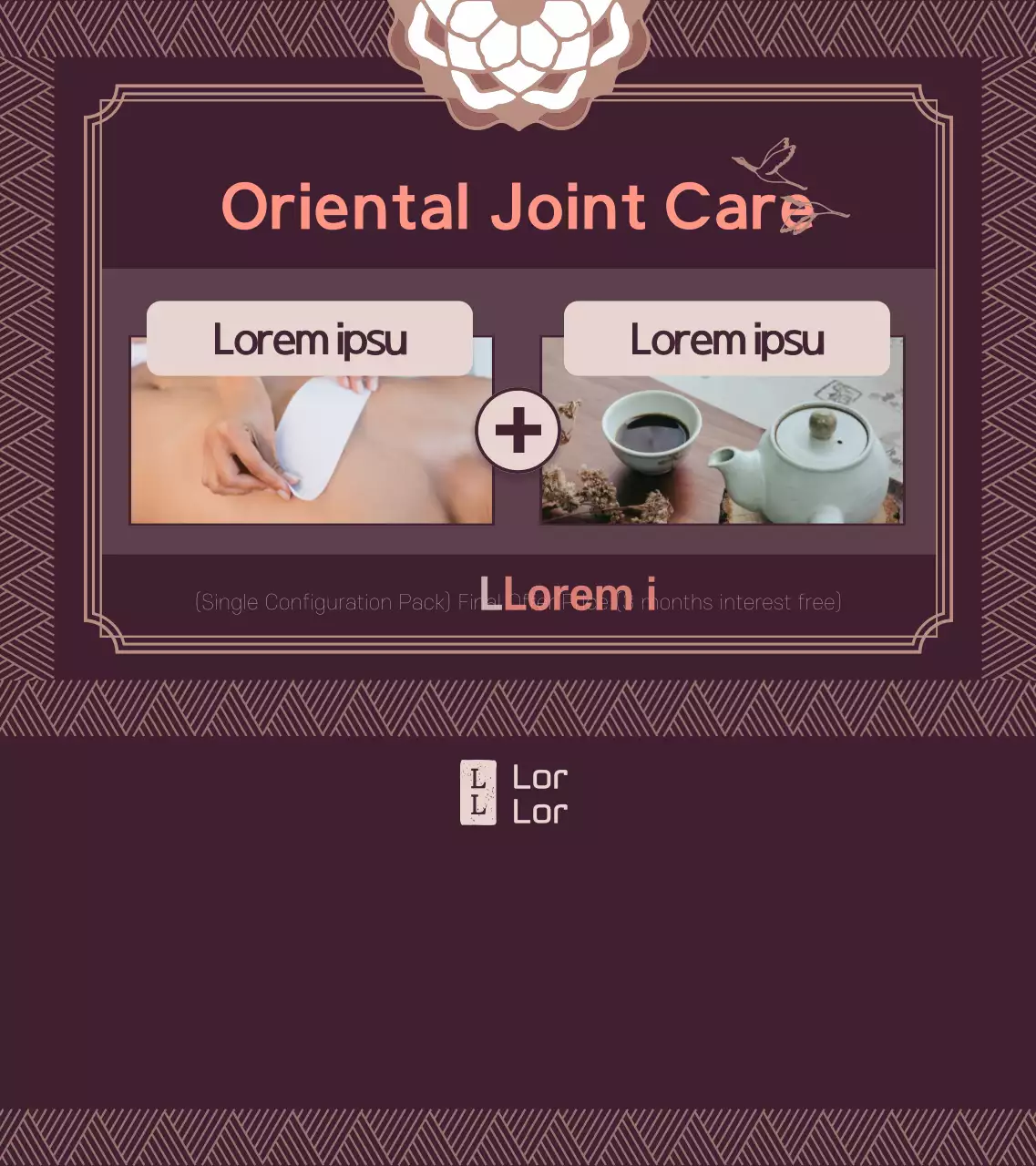 Konsep bingkai tradisional produk obat oriental berwarna ungu tua dan putih