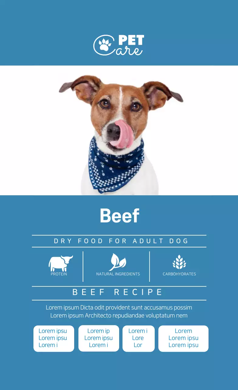 nhãn thức ăn gọn gàng cho chó màu xanh