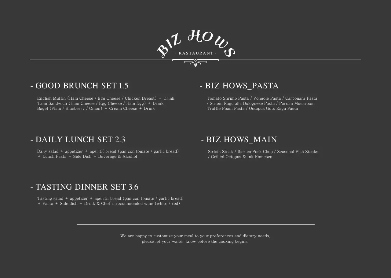 Restoran berkonsep sederhana dengan warna hitam dan putihKomposisi menu dan harga