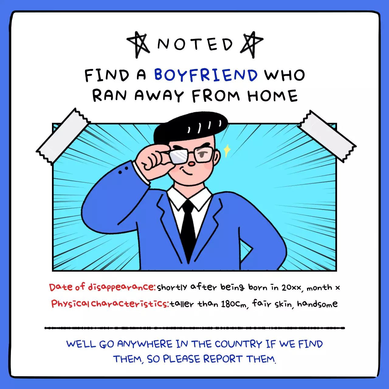Blue Comic Boyfriend Notice Social Media Post