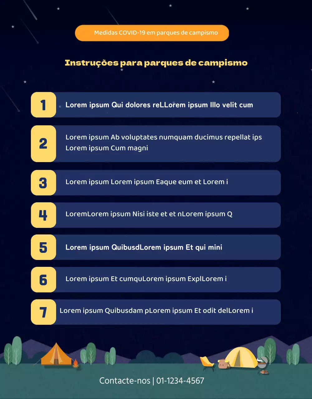 Instruções com ilustrações de um parque de campismo à noite em azul-marinho