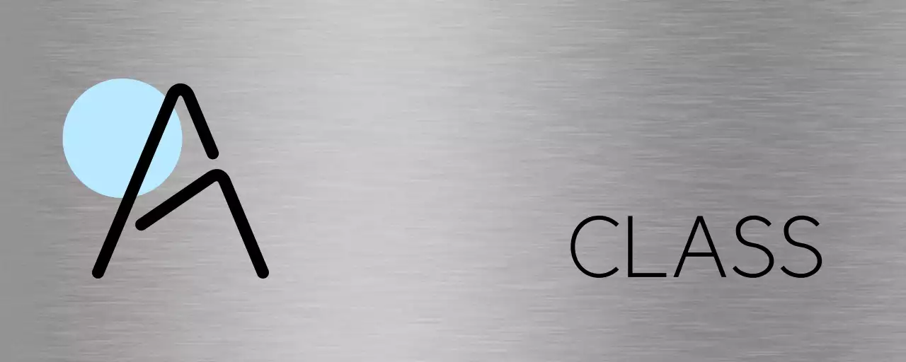 A placeholder sign with light purple-pink shapes and black school class names.