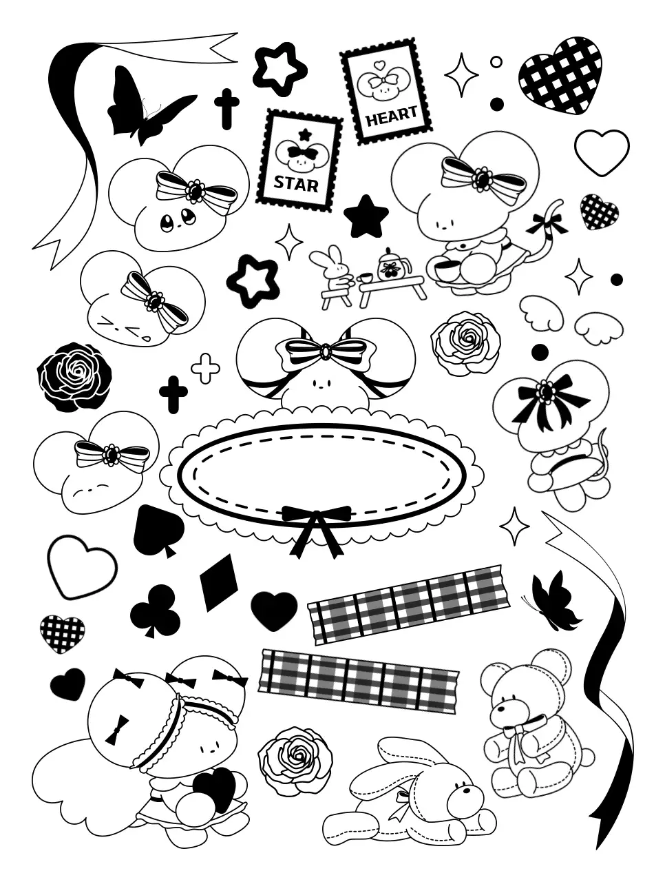 Cute and cuddly mouse characters and decorations in black and white