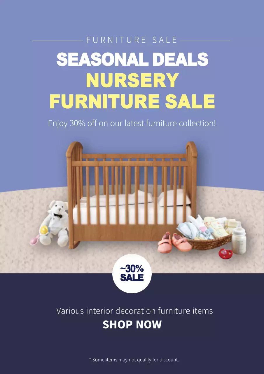 Web poster promoting an event for a navy blue children's furniture interior.