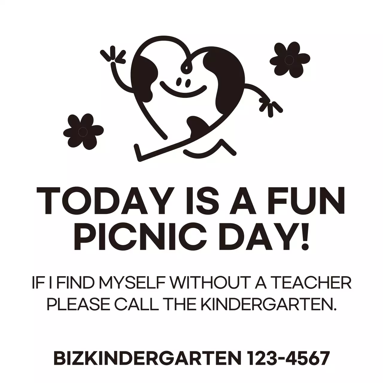 Kaos kelompok dengan konsep piknik anak-anak, menampilkan karakter hati yang lucu berwarna hitam.