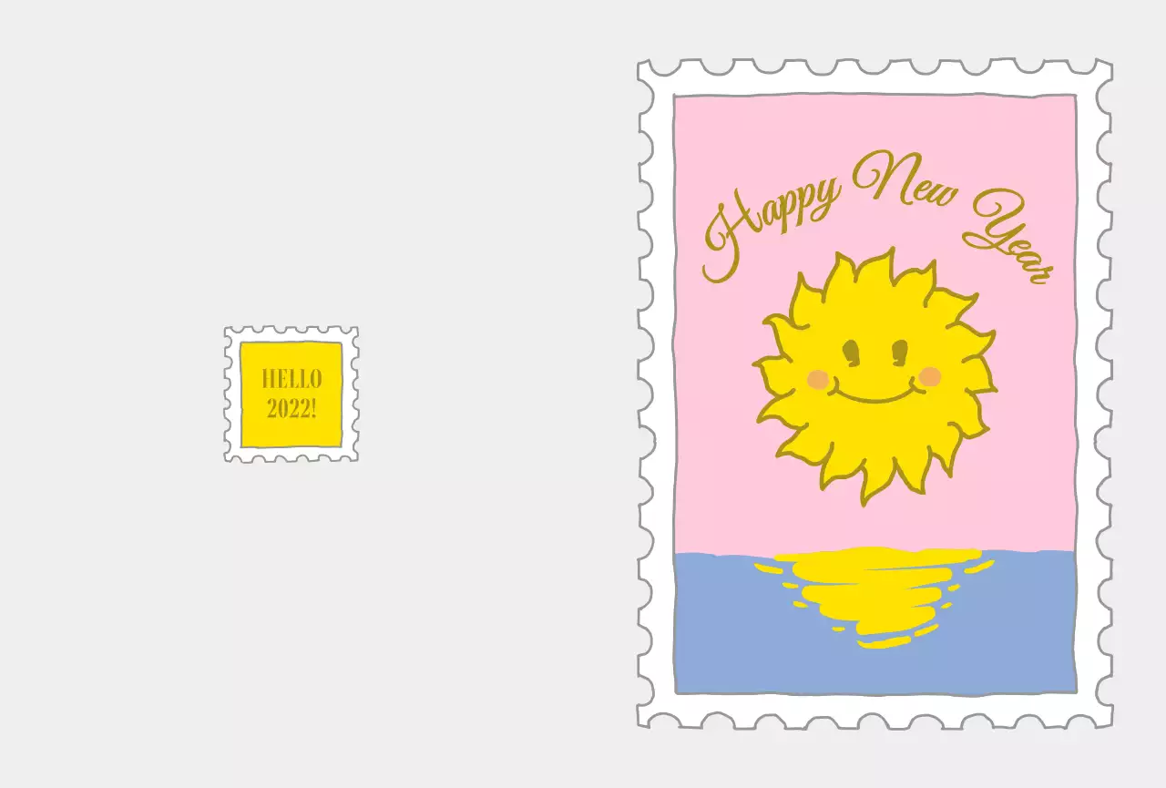 Tem năm mới với hình minh họa năm dễ thương màu hồng và vàng