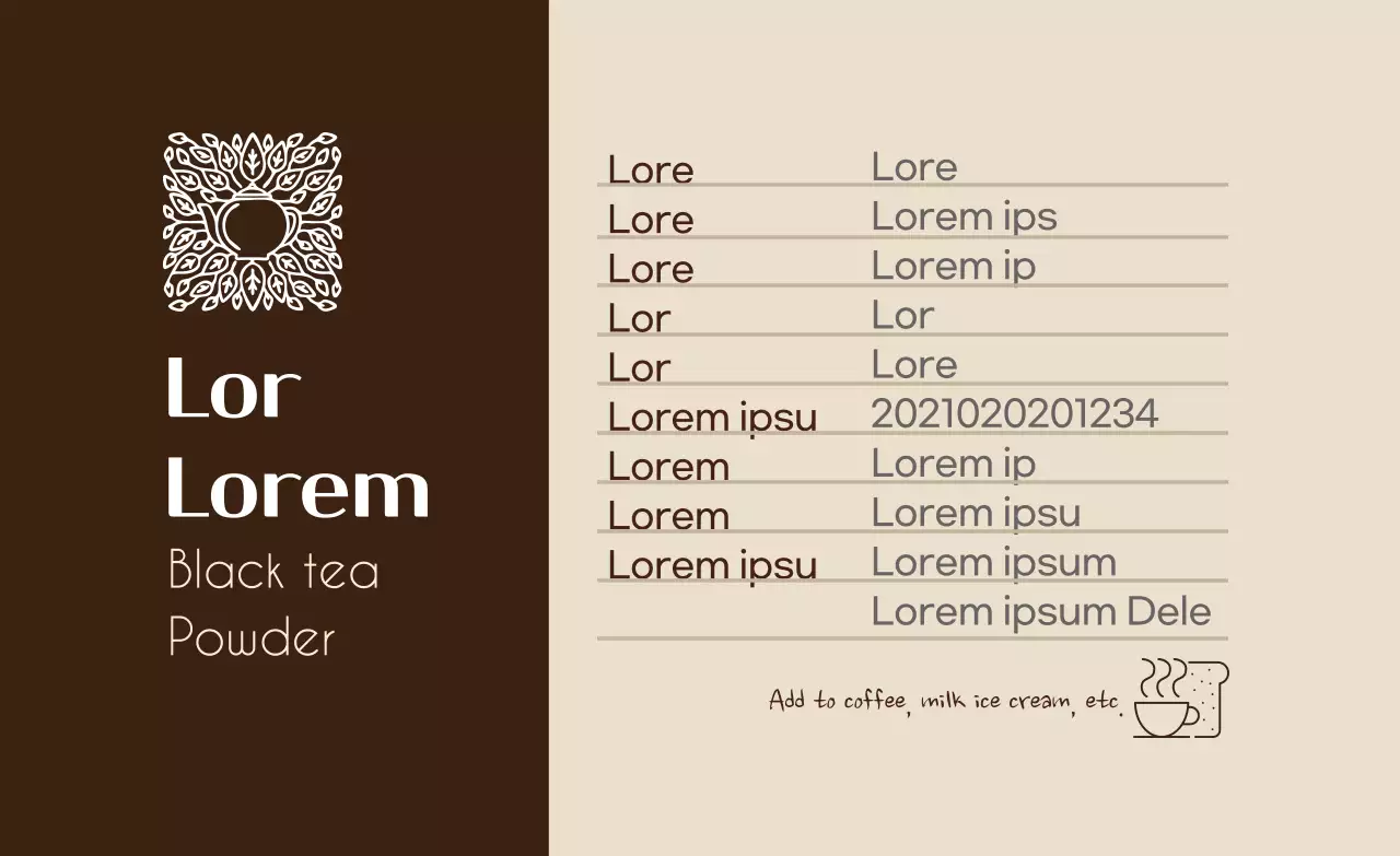 Brown logo clean food black tea powder detail label