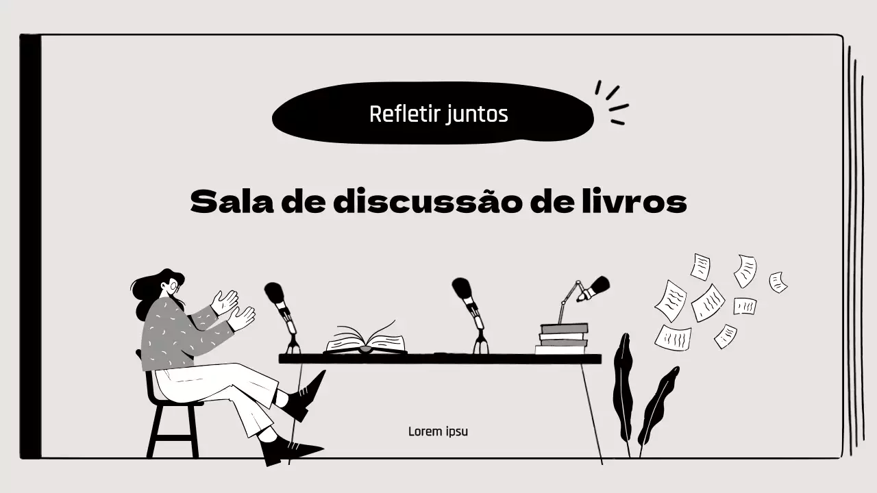 Debate sobre o livro na sala de aula com ilustrações a bege e preto