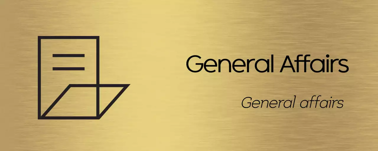 Placeholder signage with black corporate department names and simple icon illustrations.