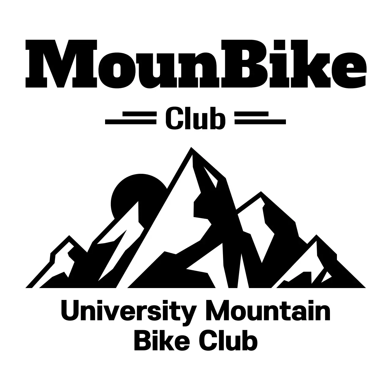 Konsep klub bersepeda gunung dengan ilustrasi gunung dan sepeda sederhana berwarna hitam