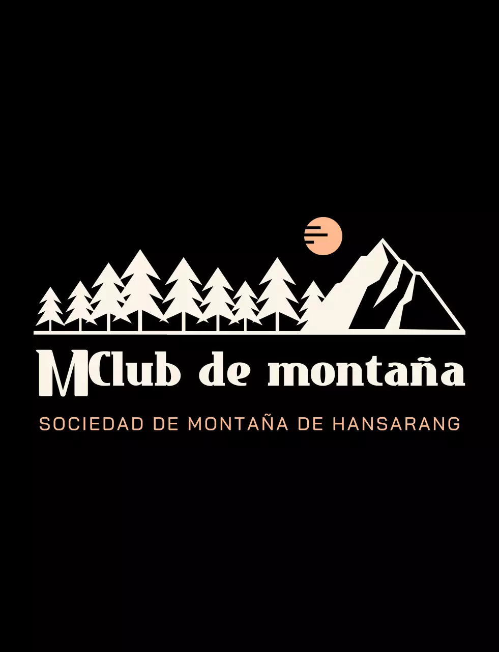 Club de montaña con ilustraciones de montañas en negro y naranja