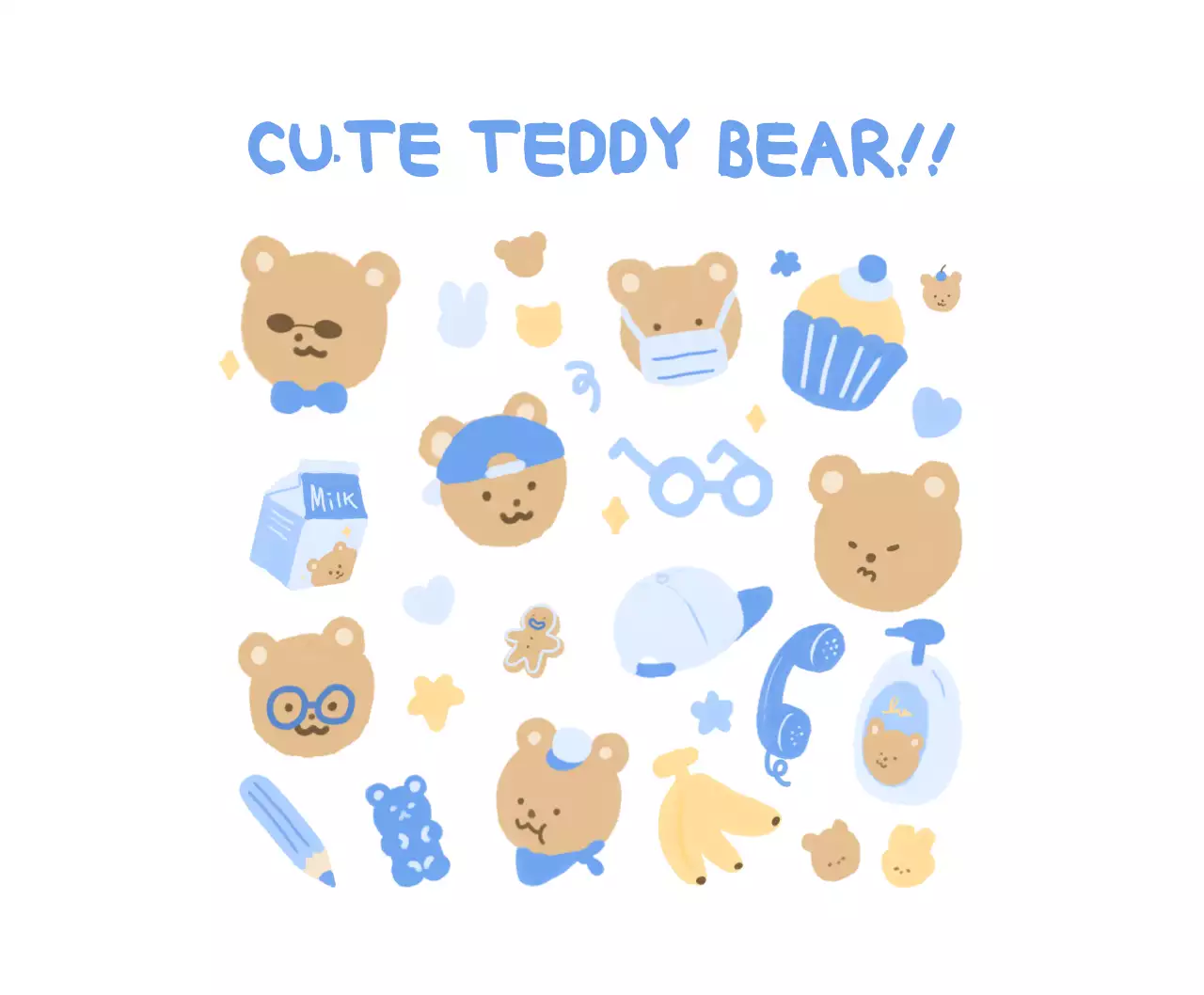 biru, putih, imut, boneka beruang, beruang, ilustrasi, pribadi, barang dagangan, susu, kue, bintang, hati, pisang, jeli, kue mangkuk, topi, alas mouse, imut