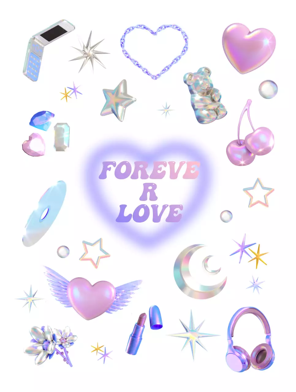 Pink and purple glow in the dark 3D Y2K concept.