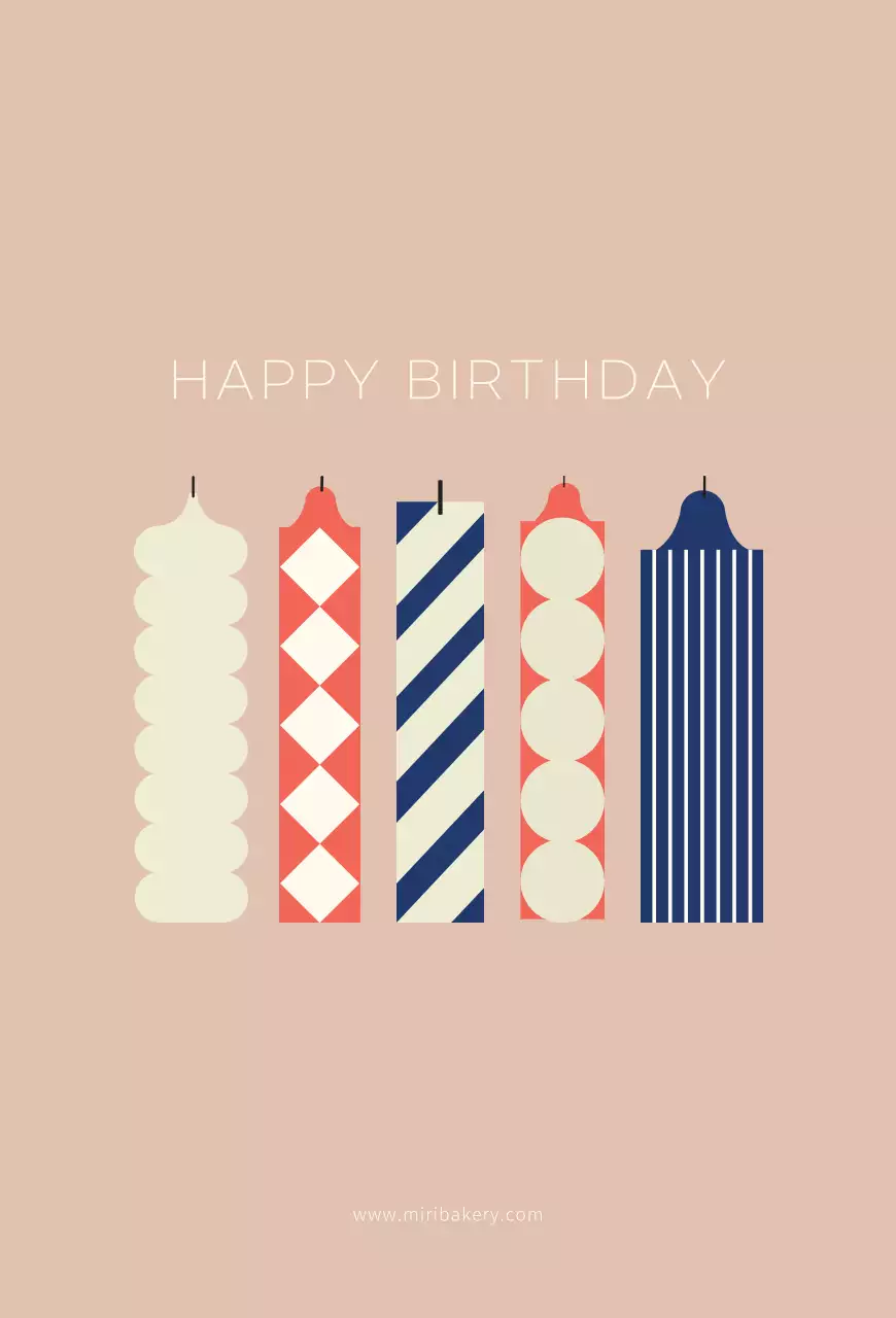 Simple birthday card with an illustration of candlesticks in various shapes in pink color