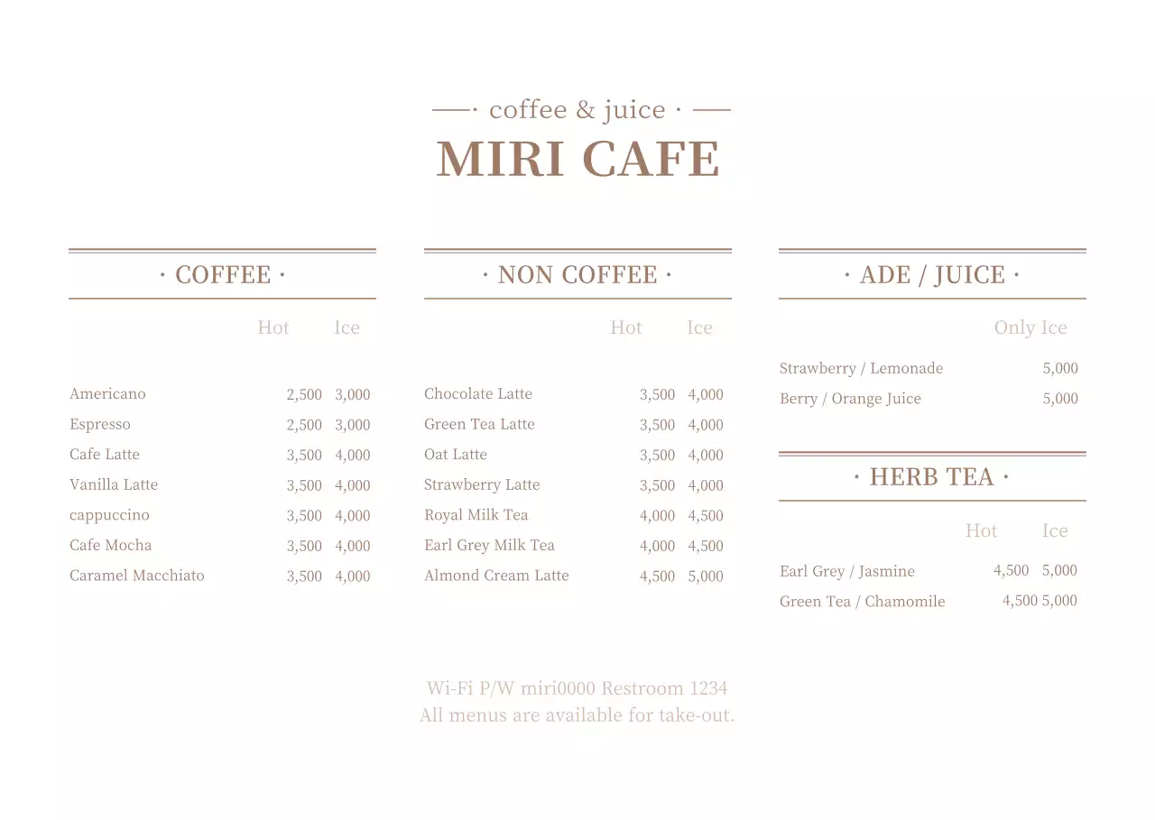 Menu kafe berkonsep putih dan cokelat bersih dengan label harga