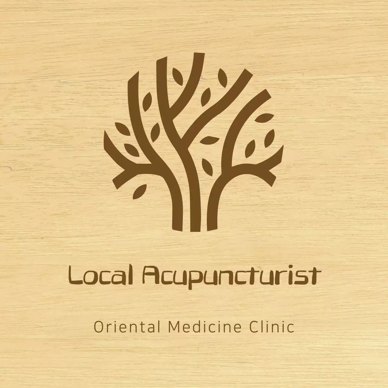 A classy-looking sign for a Korean medicine clinic with brown text and a tree line illustration.