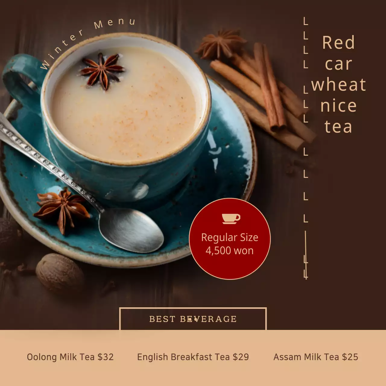 A classy cafe menu with a sentimental tea set photo in beige and red.