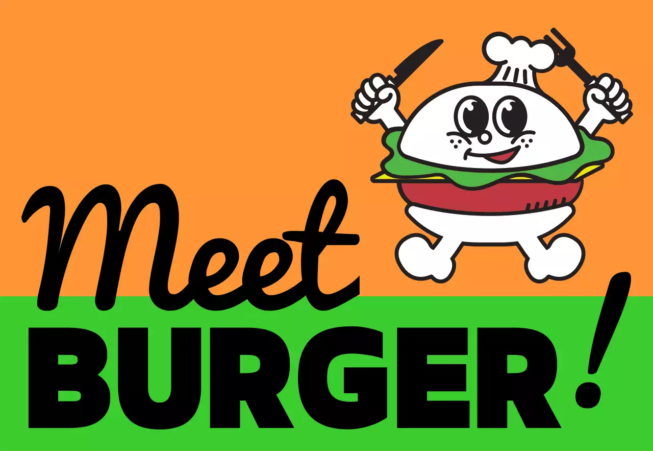 Unique storefront signage with colorful, multicolored Meat Burger text and cute burger characters