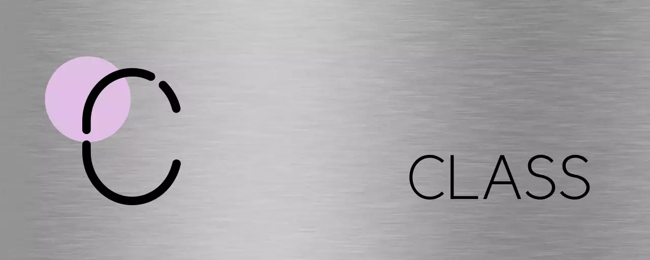 A placeholder sign with light purple-pink shapes and black school class names.