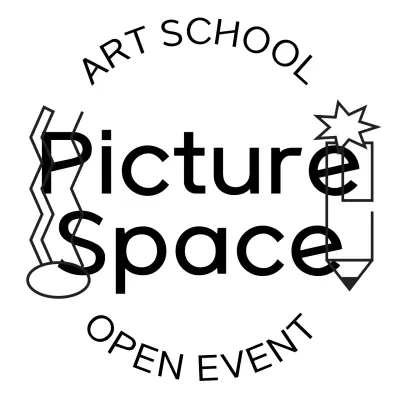 Mempromosikan sekolah melukis dengan teks hitam dan ilustrasi garis