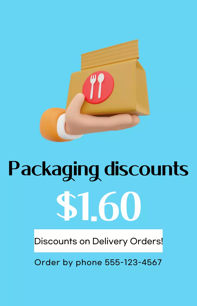 A clean discount promotion with a takeout image on a light blue background