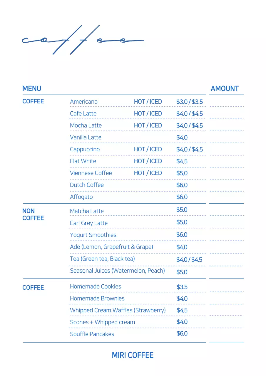 Blue Modern Coffee Menu Poster
