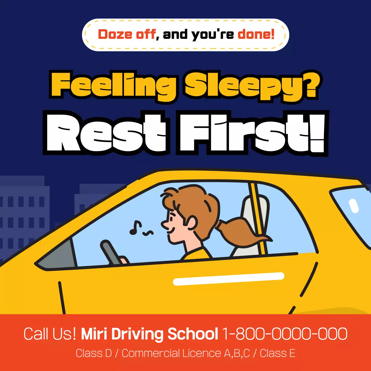 Drowsy driving warning notice with blue and yellow theme