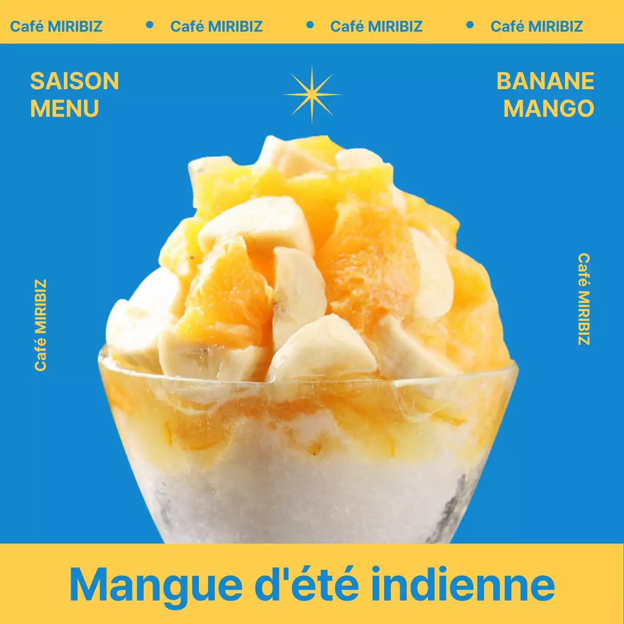Présentation du menu d'été de glace pilée à la mangue en bleu et jaune