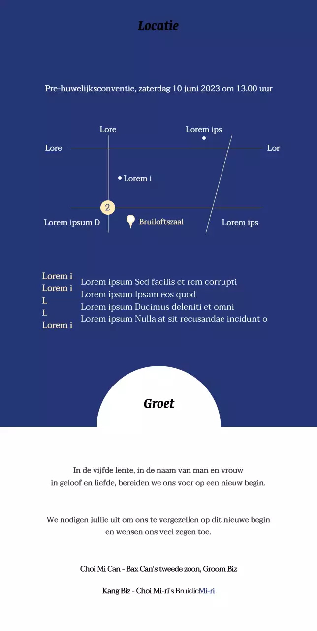 Huwelijksuitnodiging met een blauwe achtergrond en een strakke look