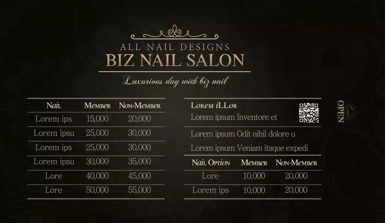 Estilo luxuoso em preto e dourado Para promoção e informação de salões de beleza de unhas.