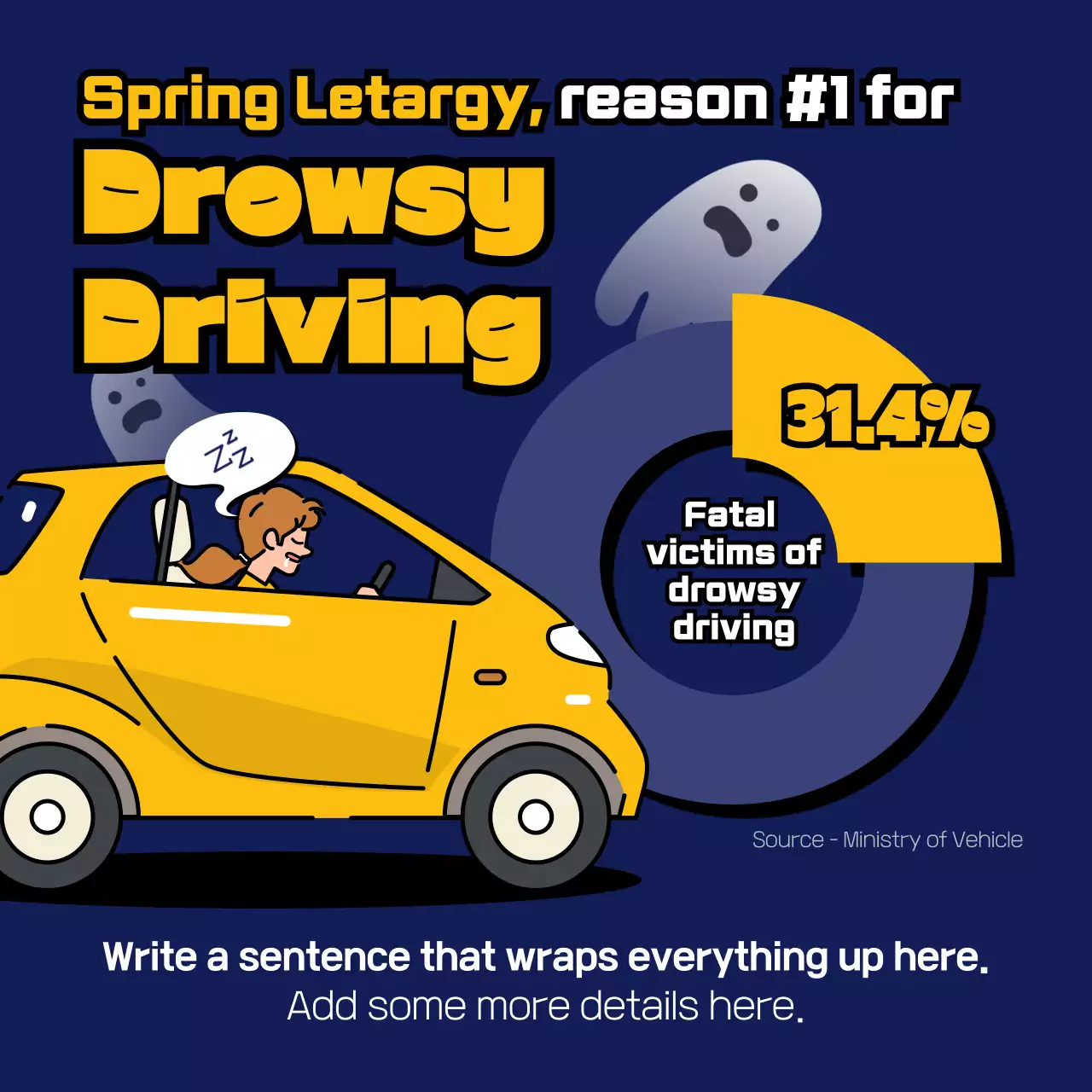 Drowsy driving warning notice with blue and yellow theme