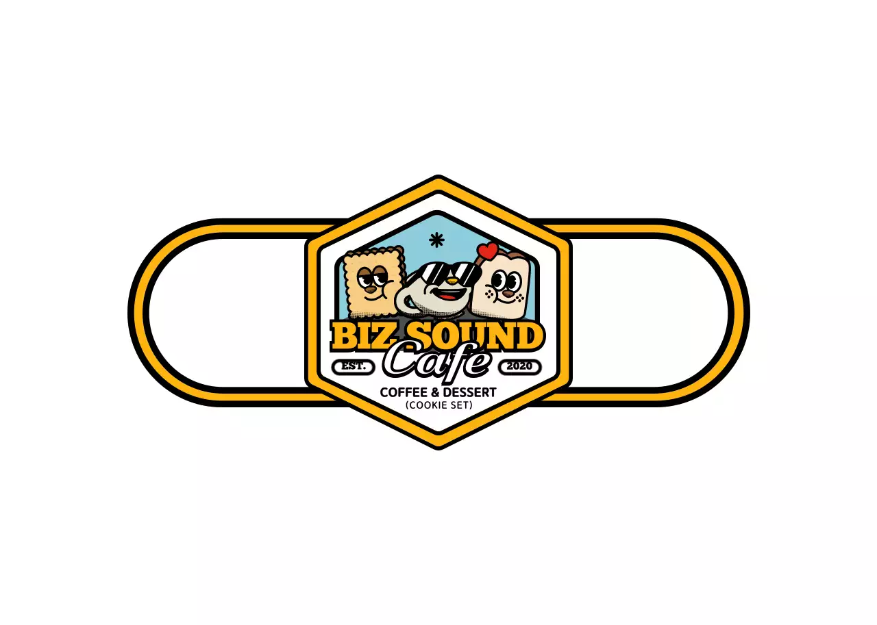 Seri merchandise kafe bergaya logo karakter yang lucu dan trendi dengan warna kuning dan hitam