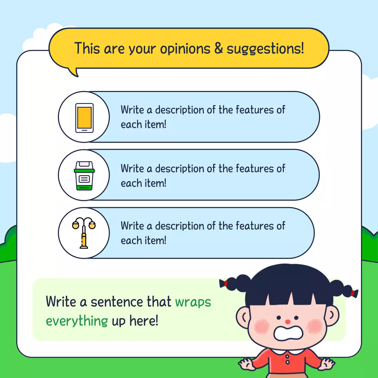 Results of a survey on satisfaction with cute park facilities in green and yellow colors
