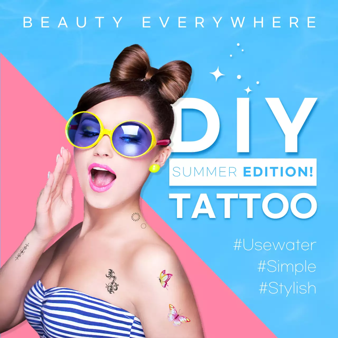 Fashion tattoo sticker promotional design in blue and pink